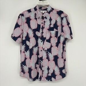 Vintage Summer Shirt Mens L Navy Pink Pineapple Short Sleeve Button Down Preppy
